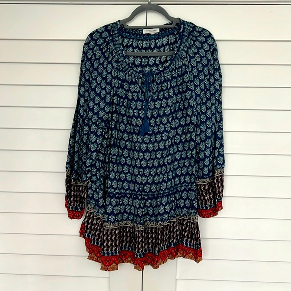 beachlunchlounge Tops - Teal floral with tassels tunic in long sleeves with multi-color cuffs an…